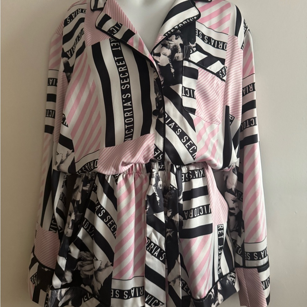 Victoria's Secret iconic logo print Pink and Black Striped Romper - NWT -Size XS